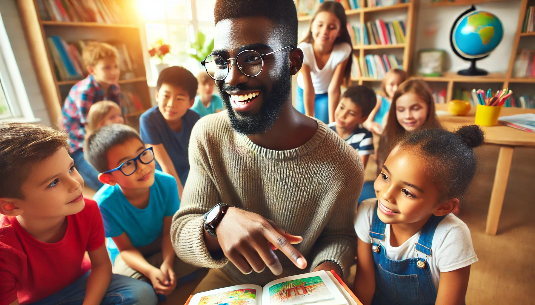 Black person tutoring children